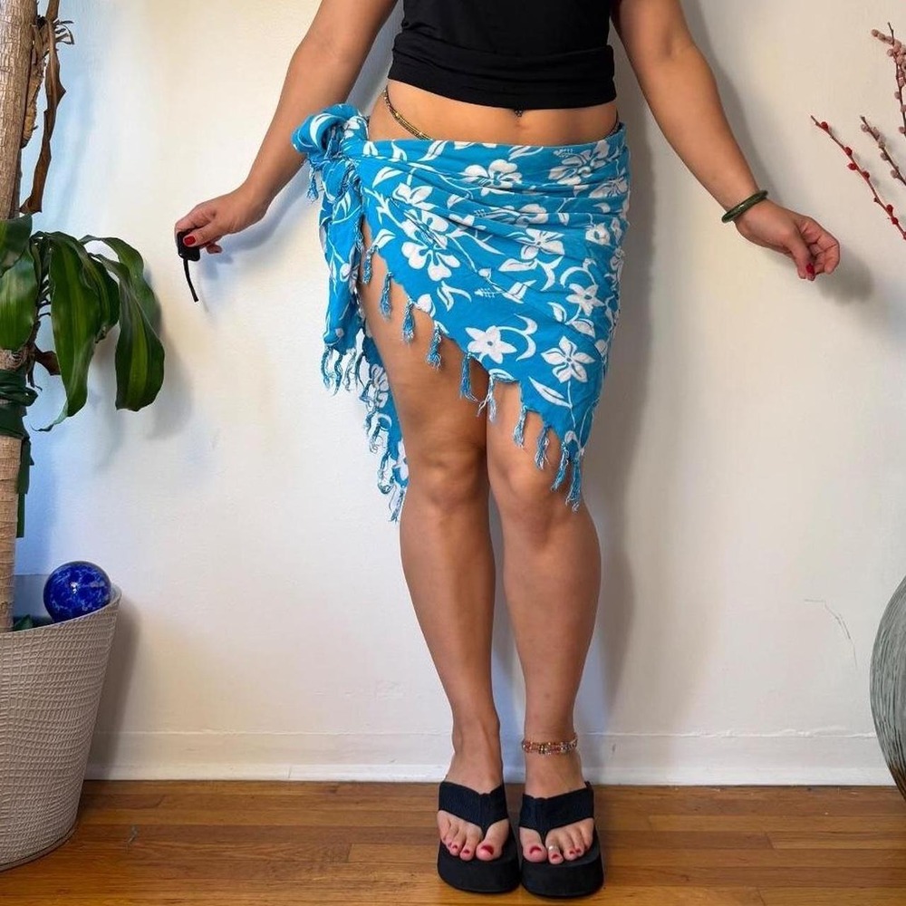 Teal Aqua Hibiscus Tropical Sarong Wrap Skirt Beach Coverup Scarf Fringe Blue
